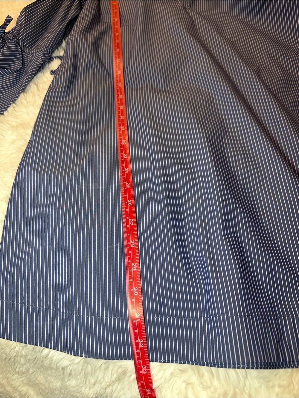 Socialite Blue White Pinstripe Mini Shift Dress Tunic Bell Sleeve Pockets M - Picture 9 of 12